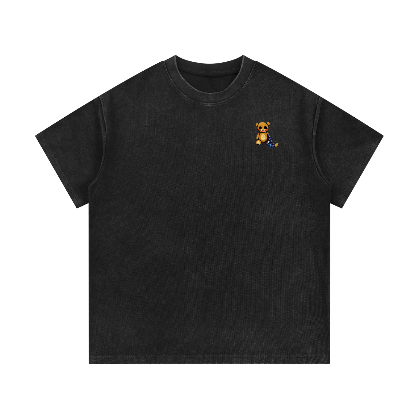 "LLIND" Distressed Teddy Bear Mineral Wash Waffle Knit T-Shirt
