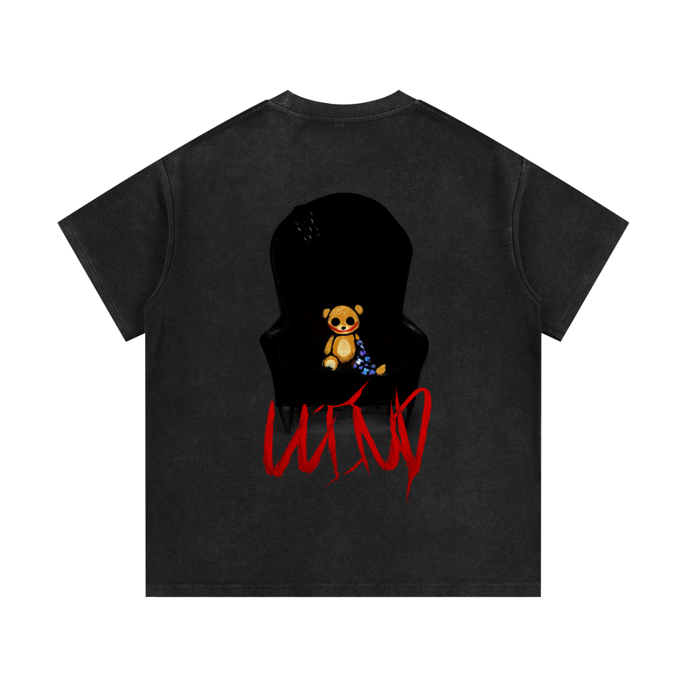 "LLIND" Distressed Teddy Bear Mineral Wash Waffle Knit T-Shirt