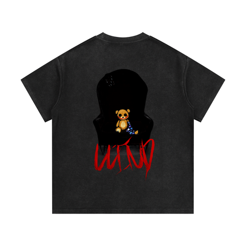 "LLIND" Distressed Teddy Bear Mineral Wash Waffle Knit T-Shirt